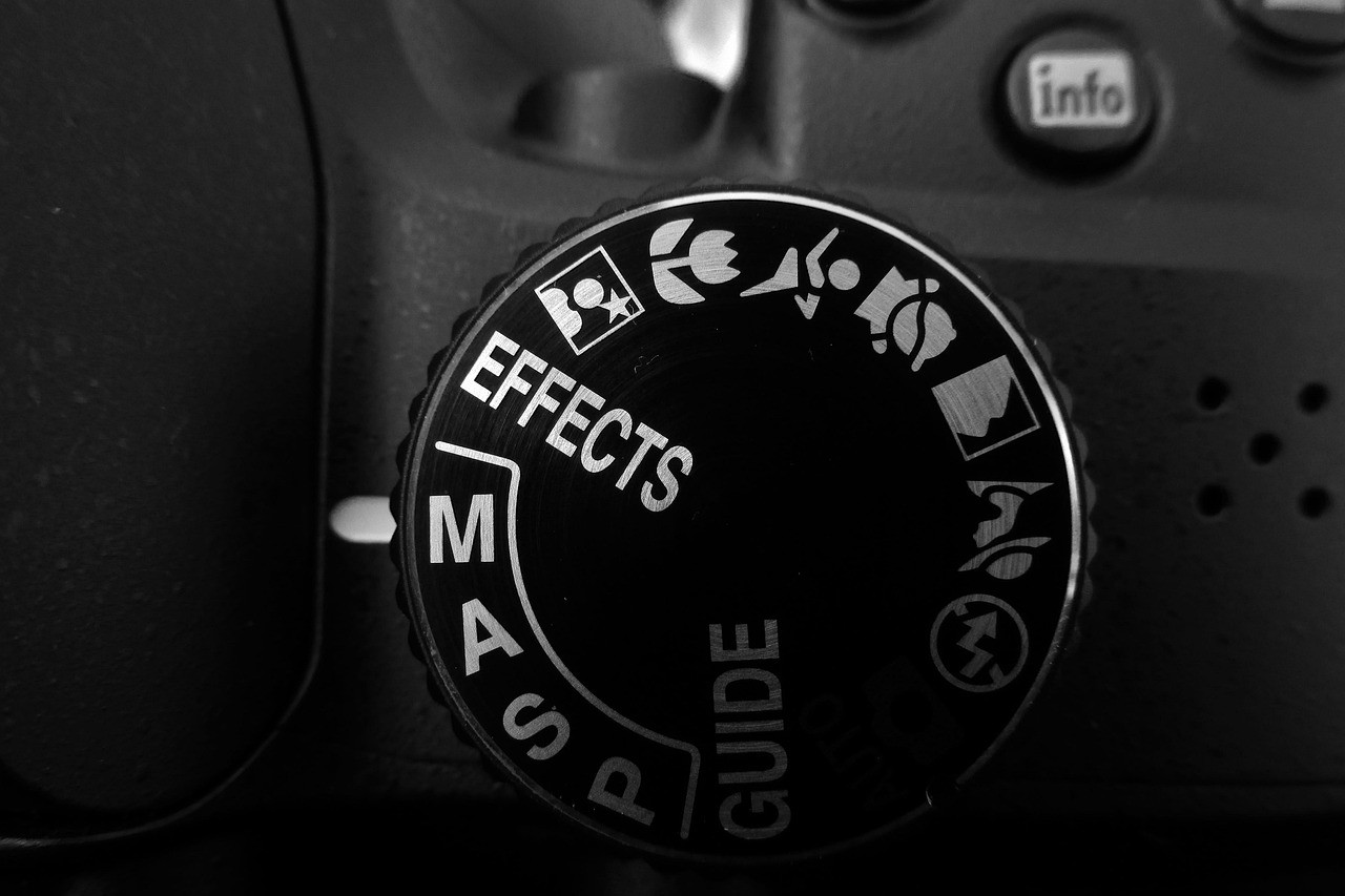Close-up of a camera mode dial with M, A, S and P labels beside scene icons