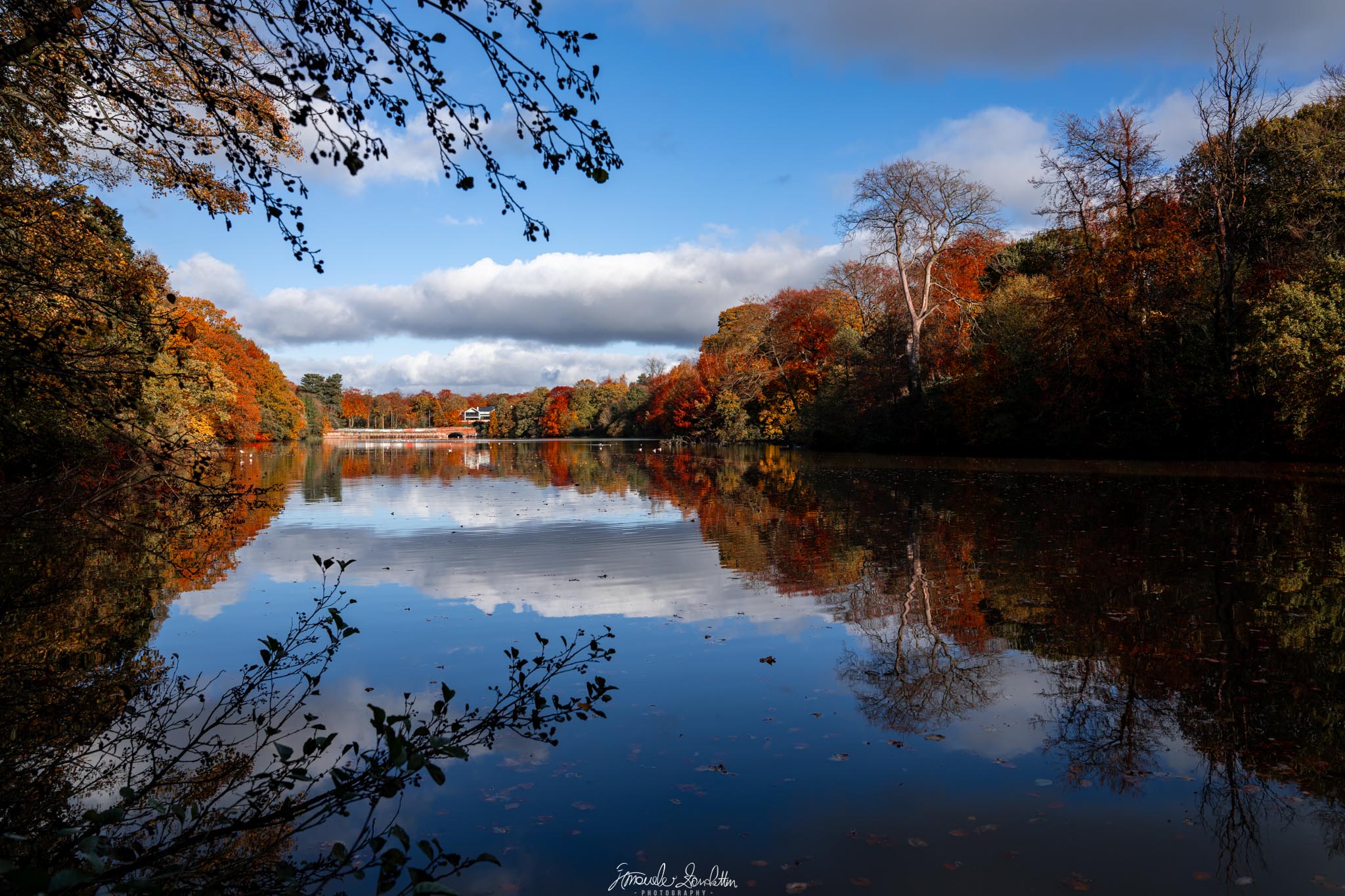 Alberi autunnali e cielo azzurro riflessi nel lago di Lymm Dam, fotografati da Emanuele Zanchettin